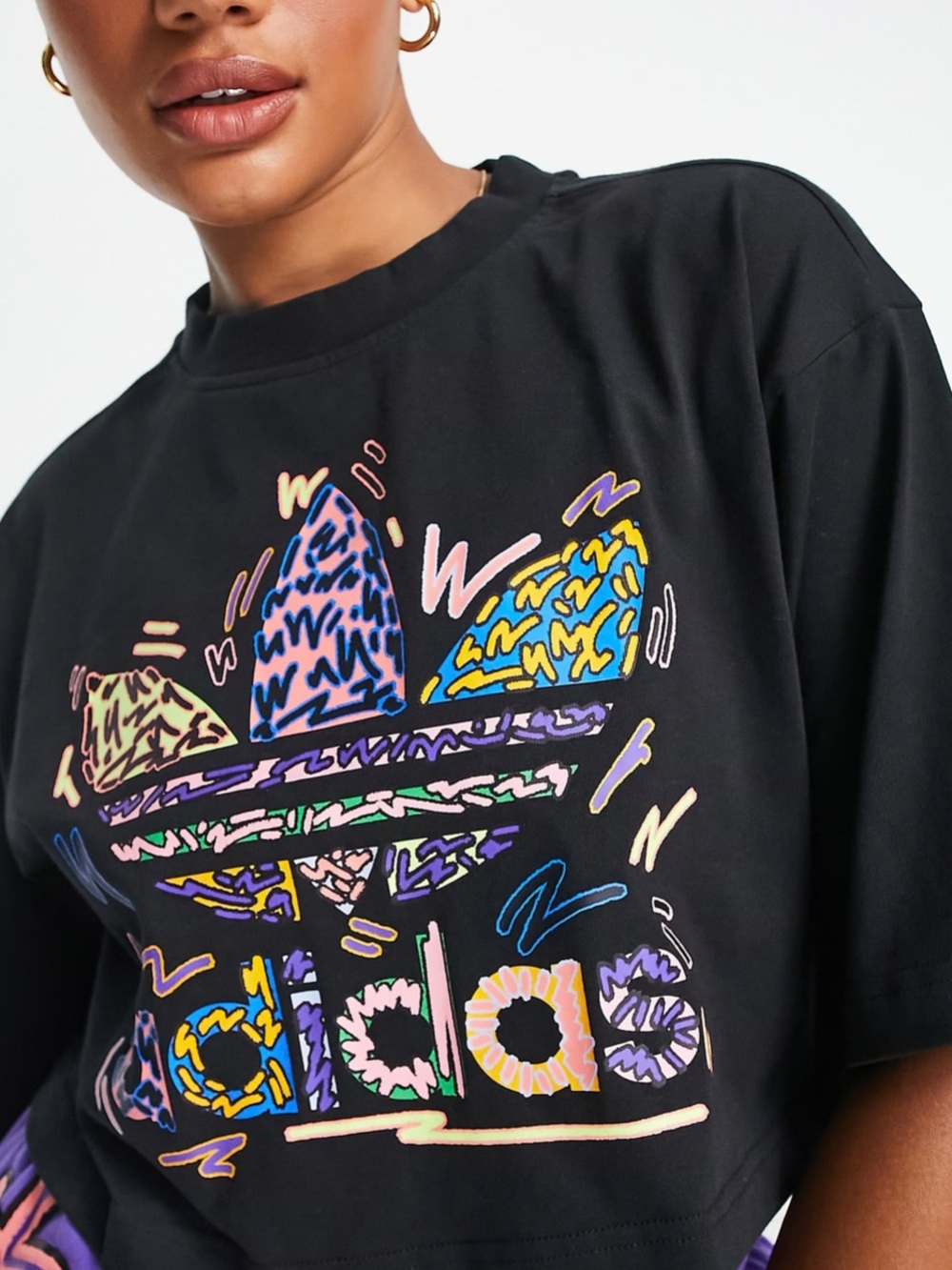 adidas Black Cropped Tee with Colorful Trefoil Graphic
